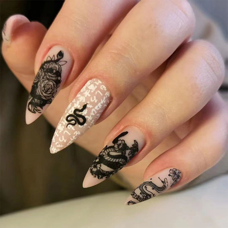 Dark Snake Print Nails with Flowers, Ultra-Thin