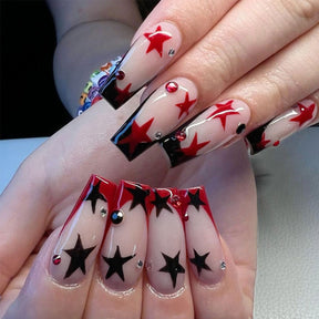 Short T-Ballet Black Red Duo-Tone Star Diamond Detachable Fake Nails