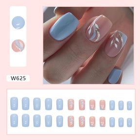 24-Piece Light Blue Leaf Nails - Summer, Sweet & Cool