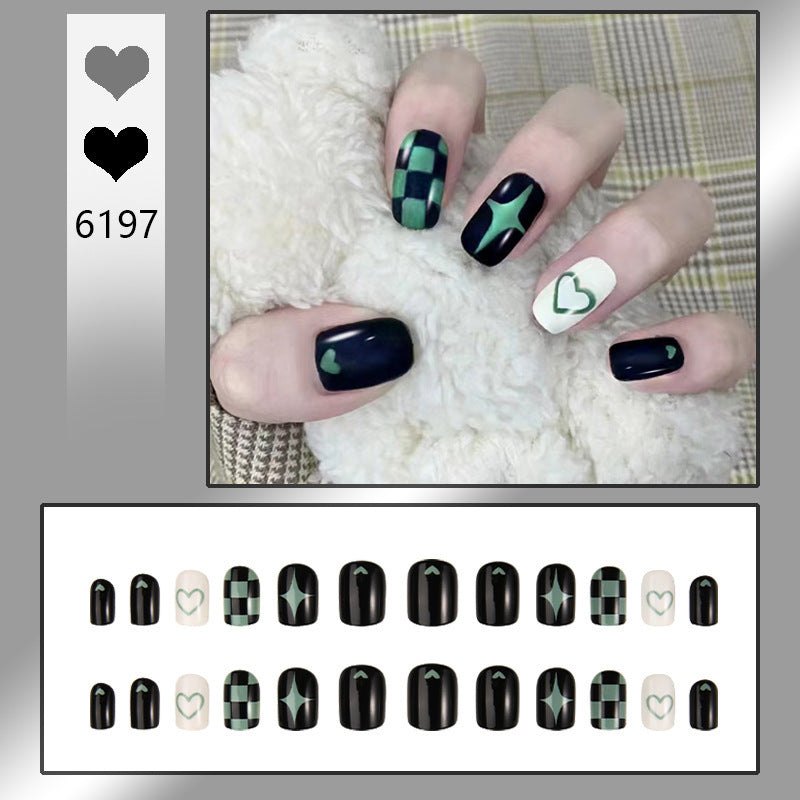 Dark Edgy Green-Black Checkerboard Nails - Wholesale (24-Piece)