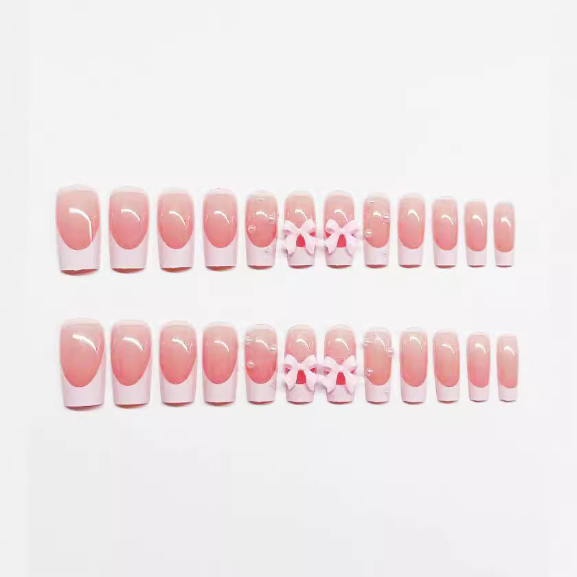 Removable White French Pearl Pink Bow Nail Tips