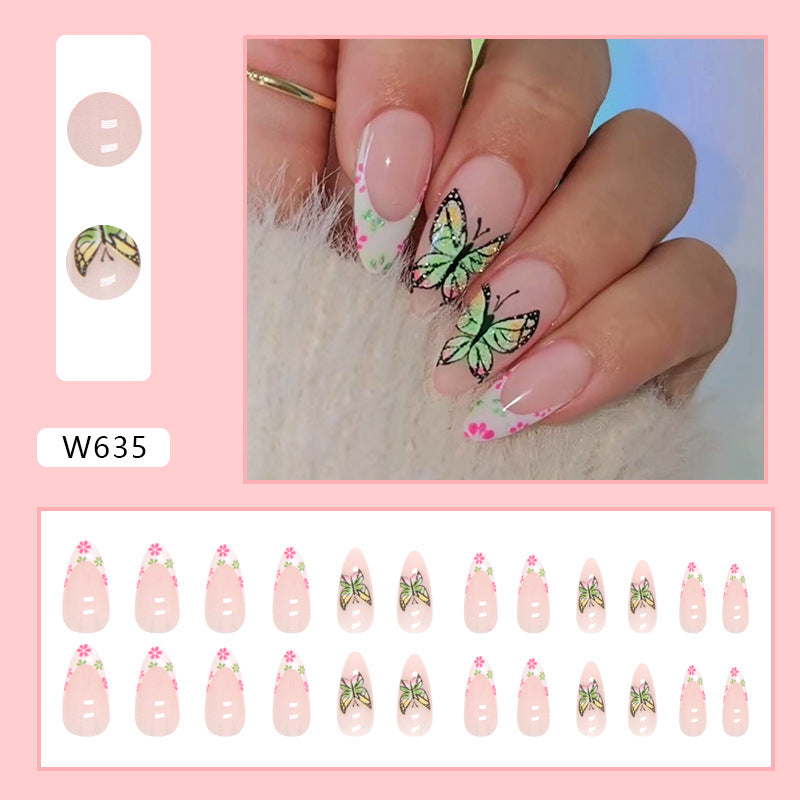 Round Almond Nails Multi-Color Floral French Fresh Natural Euro Fashion Ins Style Wearable Nails