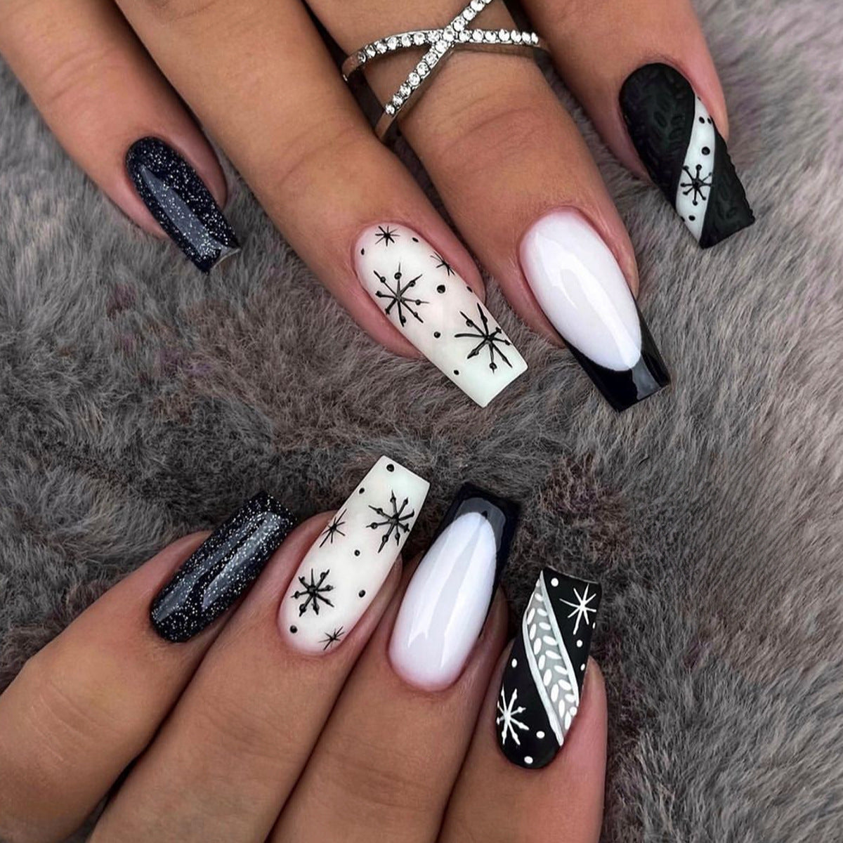 Long Stiletto French Nail Tips with Black and White Patterns