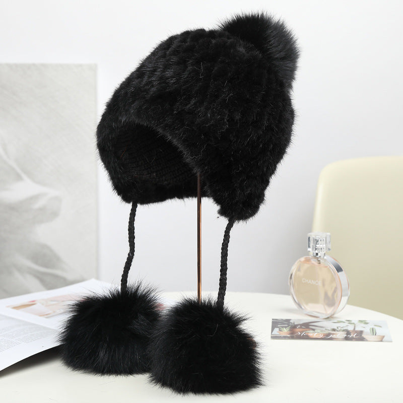 Winter Fox Pom Pom Mink Fur Hat for Women