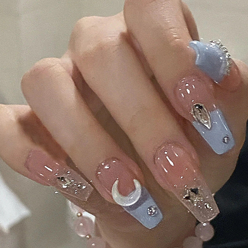 Sea Salt Macaron Color Crystal Long Acrylic Nails with Stars and Moons