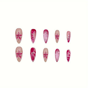 3D Deep Red Flower Pink Gradient Press-On Nails