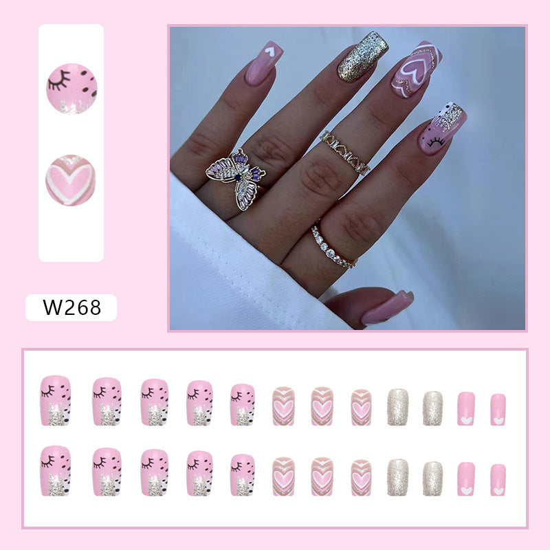 Autumn Winter Flashy Pink Cute Girl Nails Heart Impact Nude Pink Ins Style Fake Nails Wholesale