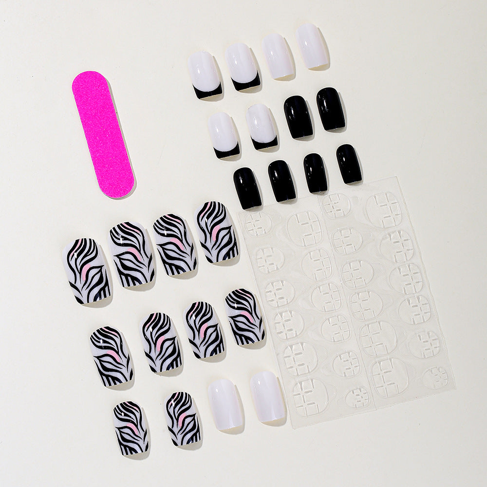 Sweet Cool Black White Zebra French Square Finished Fake Nails