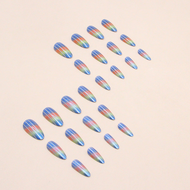 Aurora Rainbow Nails, Round Almond Shape with Silver Lines