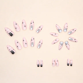 Cute Cat Ins Style Black White Pink Almond Nails Sweet Pet Series Women's Wearable Nails