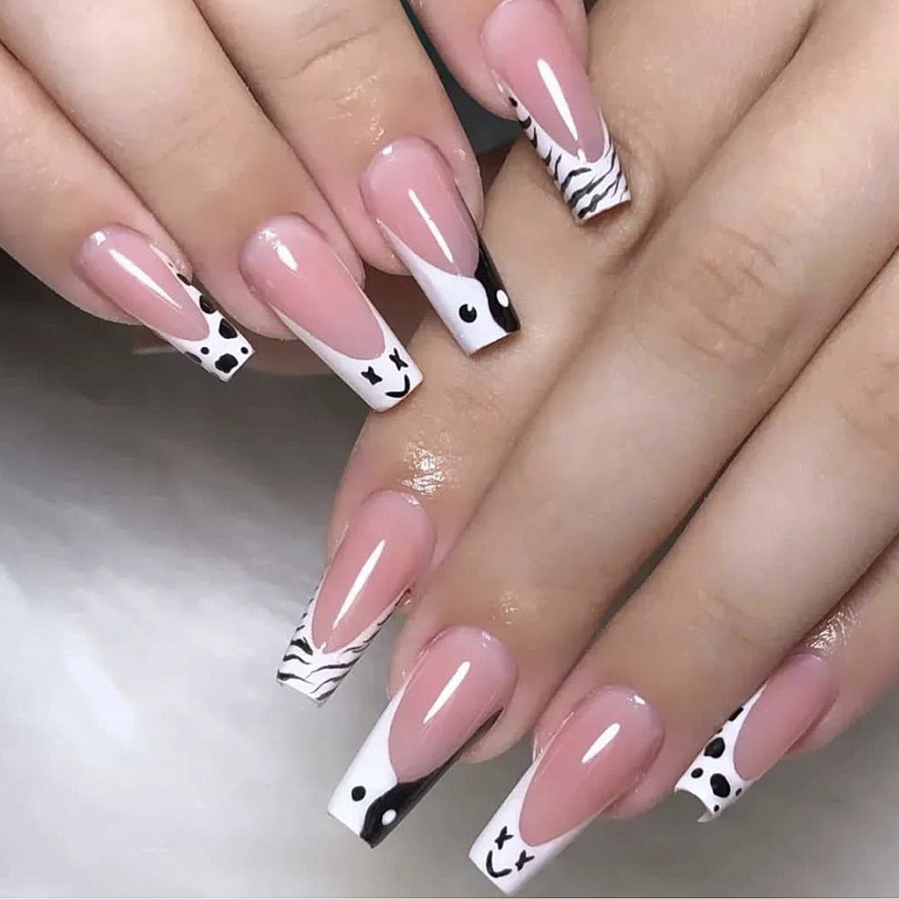 Black White Chevron French Edge Zebra Print Finished Fake Nails