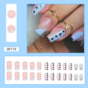 Blue-White Triangular French Nails with Heart Polka Dots, Pink Square