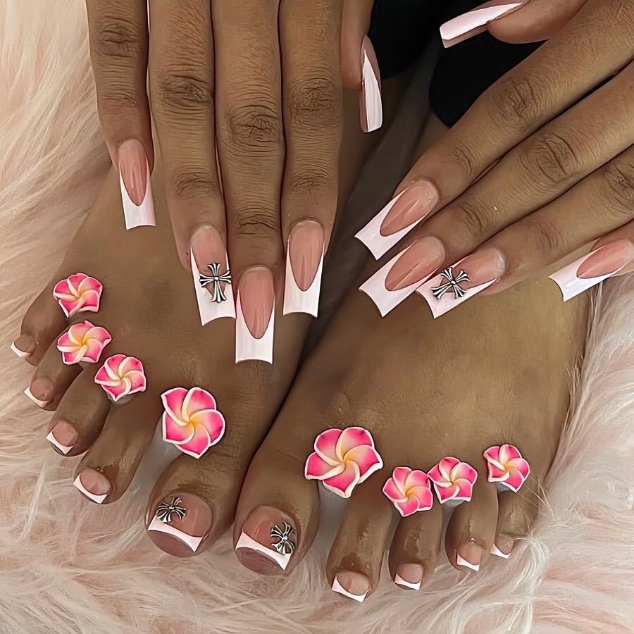 48-Piece Simple White French Nails with Cross Design