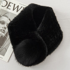 Warm Mink Fur Scarf with Fox Pom Pom - Stylish Winter Accessory