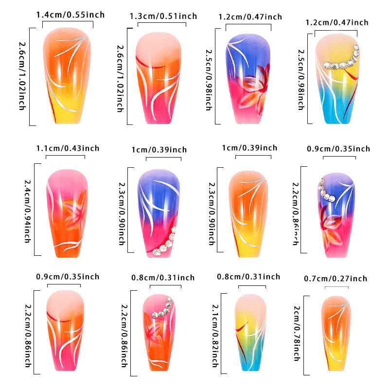 Colorful Gradient Flower Nail Tips with Rhinestones