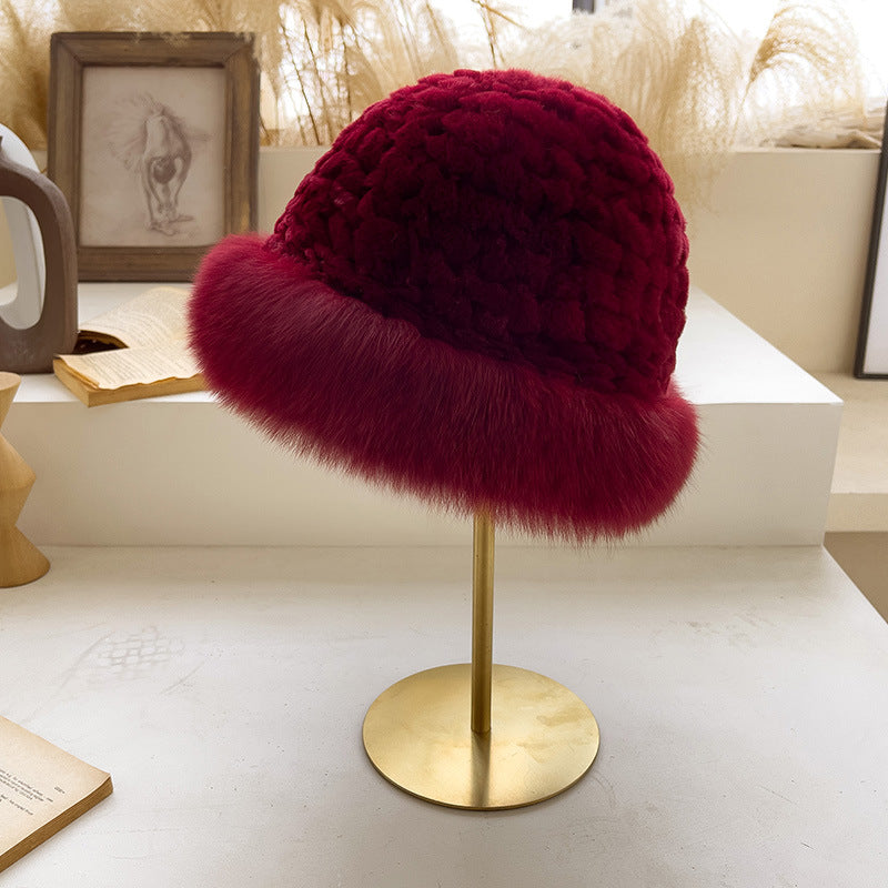 Cute Real Rabbit Fur Hat with Fox Trim - Winter Warmth