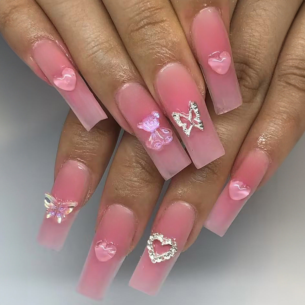 Sweet Pink Matte Heart and Butterfly Nail Tips