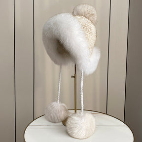 Women's Warm Faux Fur Lined Fox Ear Flap Hat with Real Rabbit Fur Pom Pom