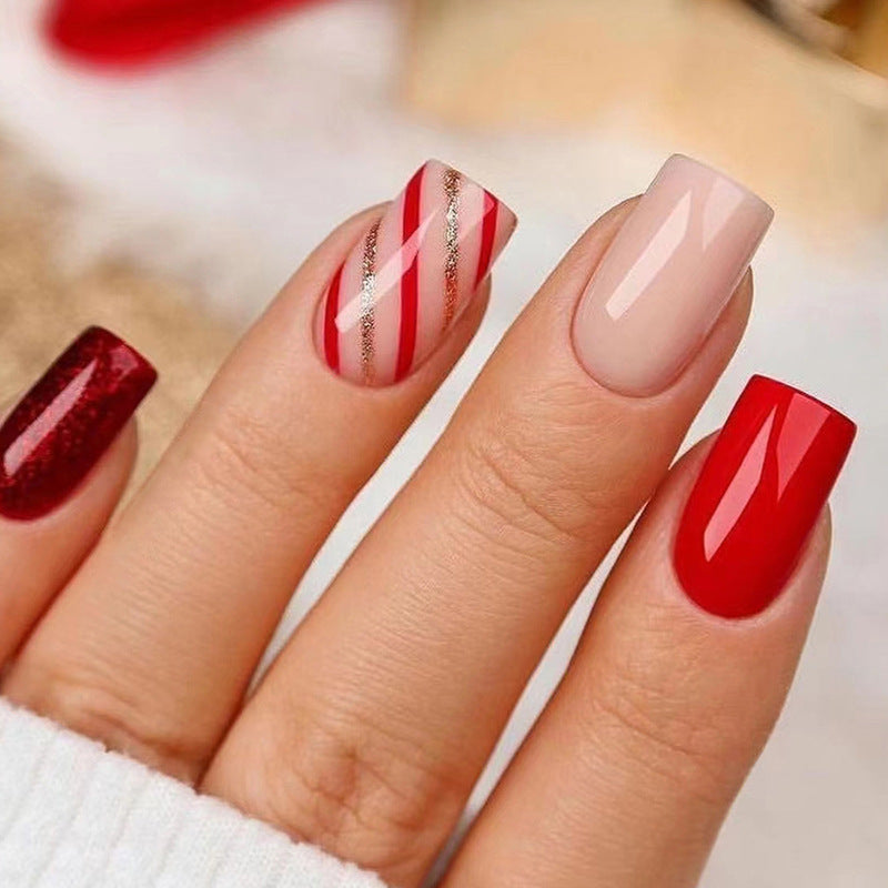 Solid Bright Red Christmas Stripe Fall Nails - European Square Shape