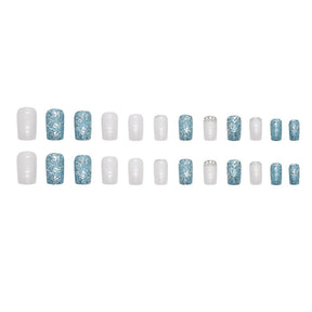 Square Aurora White Nails, Sparkling Blue Diamonds