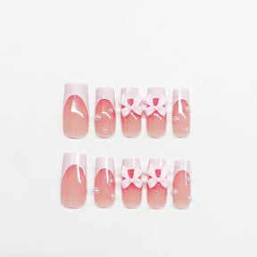 Removable White French Pearl Pink Bow Nail Tips