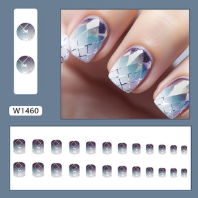 Purple Blue Ombre Plaid Soft Square Fall Nails: 24-Piece Set