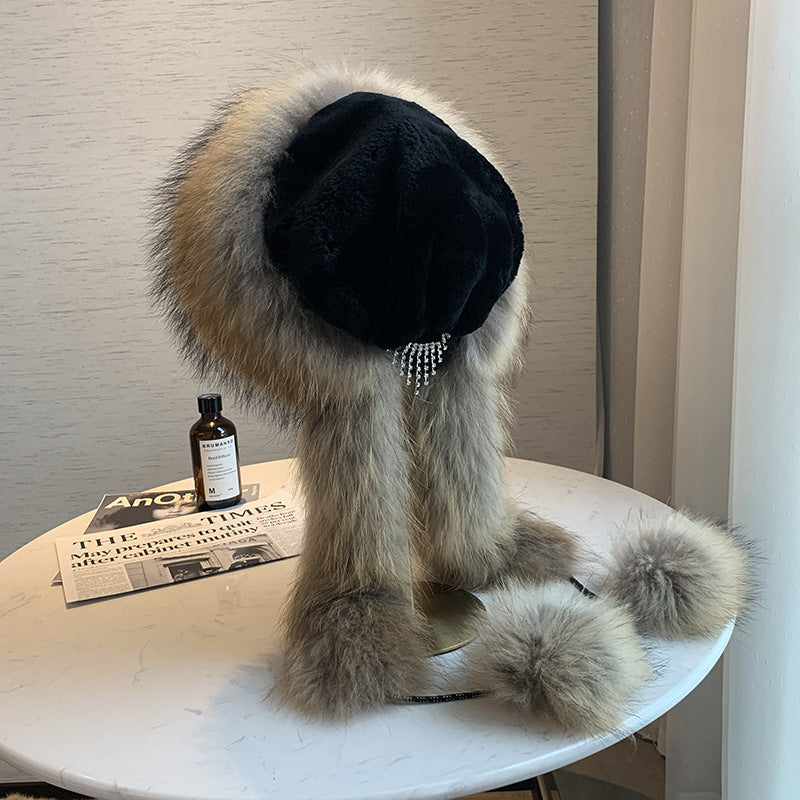 Winter Fox Fur Hat with Long Fringe and Pom Pom