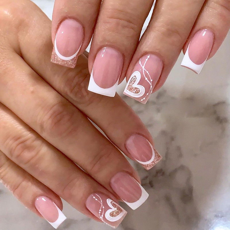 Simple White French Gold Powder Heart Valentine Nails Euro Square Wearable Nails