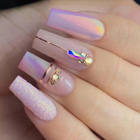 Mid-Length Ballet Nails Lilac Aurora Rhinestone Ombre Sweet Girl Ins Style Fake Nails