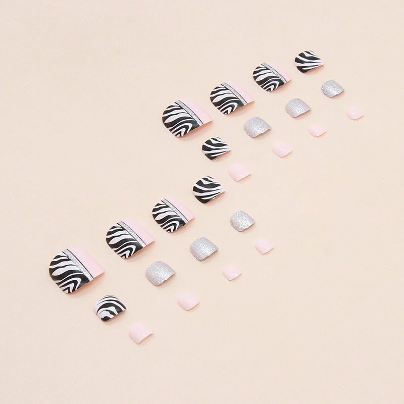 Shiny Zebra Pattern Bicolor Toe Nails Black White Sweet Cool