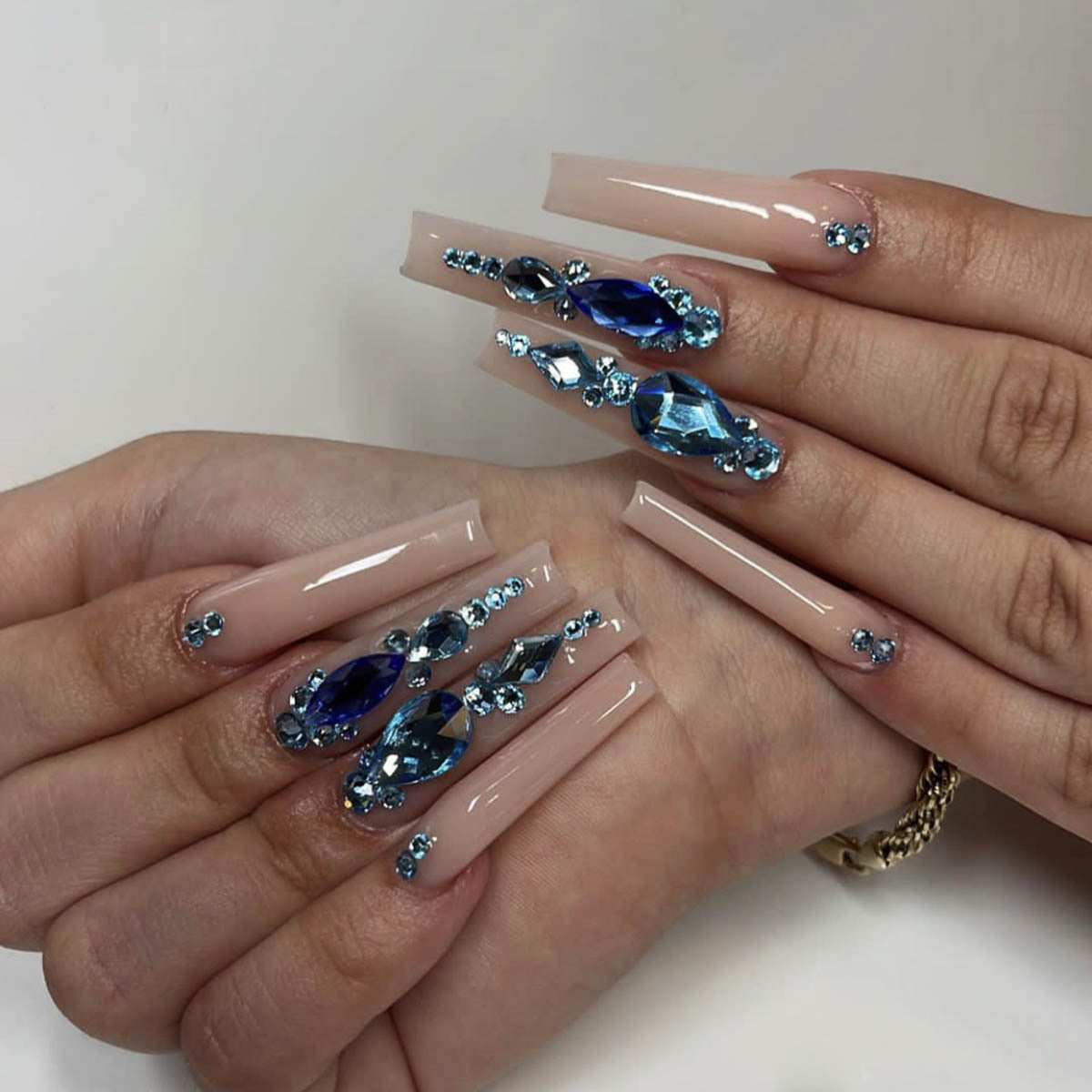 Removable Nude Blue Crystal Classic Nail Tips