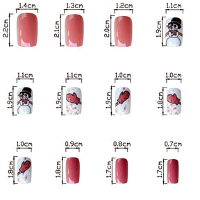 Winter Sweet Pink Short Square Nails with Snowmen and Snowflakes