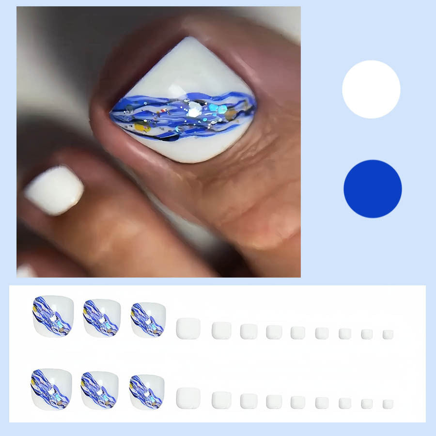 Classic Minimalist White Blue Toe Nails with Glitter Stars