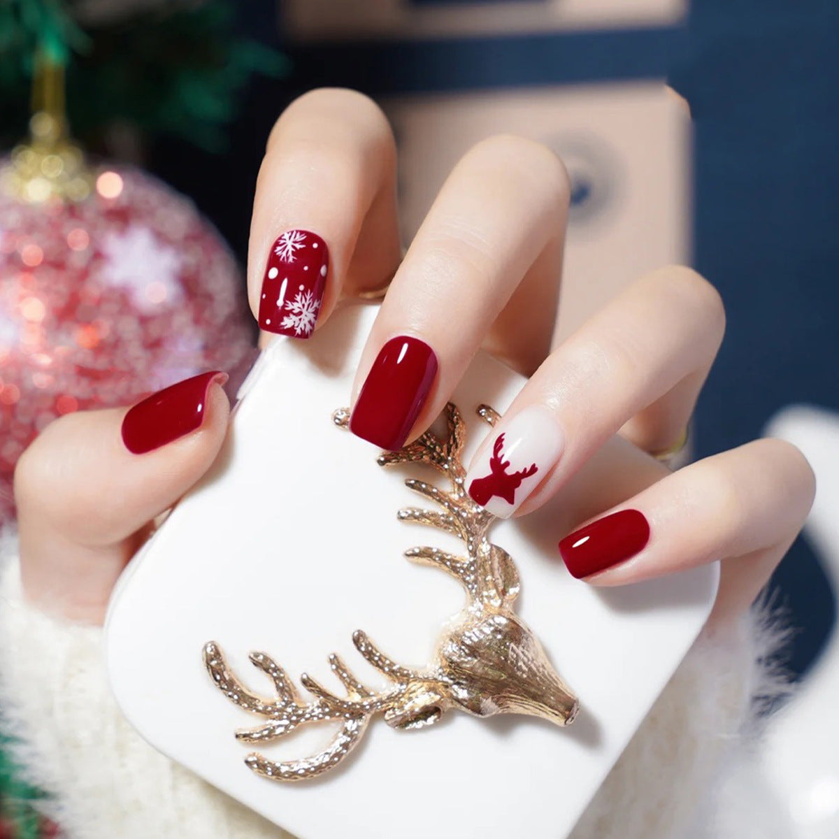 Christmas Red Reindeer Snowflake Nail Art