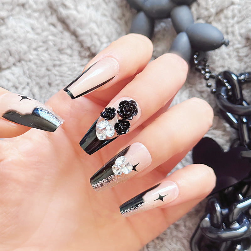 Chic Black Rose Handmade Nails - Removable (24-Piece)