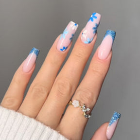 Blue Flower Glitter Detachable Long Nails