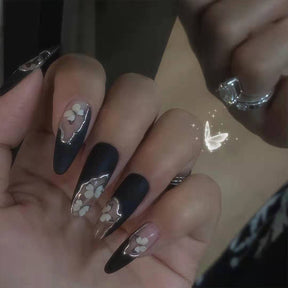 Black Floral Long Ballet Nail Tips, Trendy Ins Style