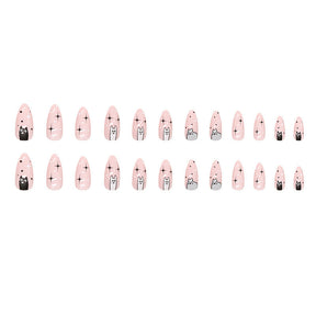 Cute Cat Almond Nails, Black White Pink Ombre Design