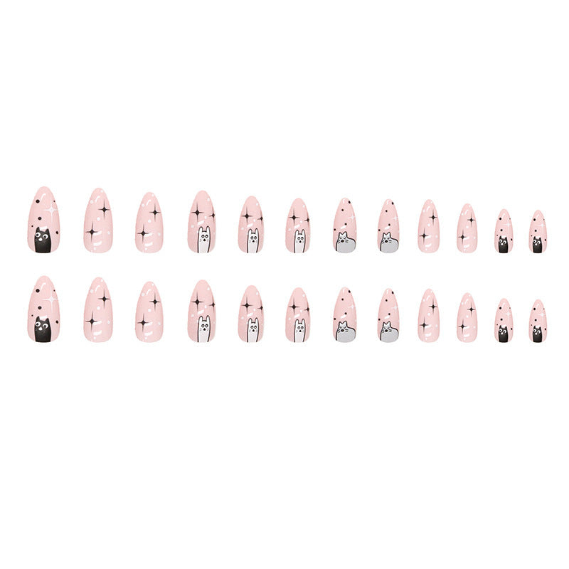 Cute Cat Almond Nails, Black White Pink Ombre Design