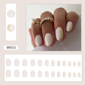 Round Oval Gold Foil Milk White Pure Desire Nails Sweet Girl Slimming Wearable Nails