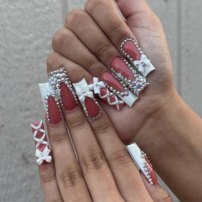 Long Full-Diamond Nail Tips with Bow and Lace