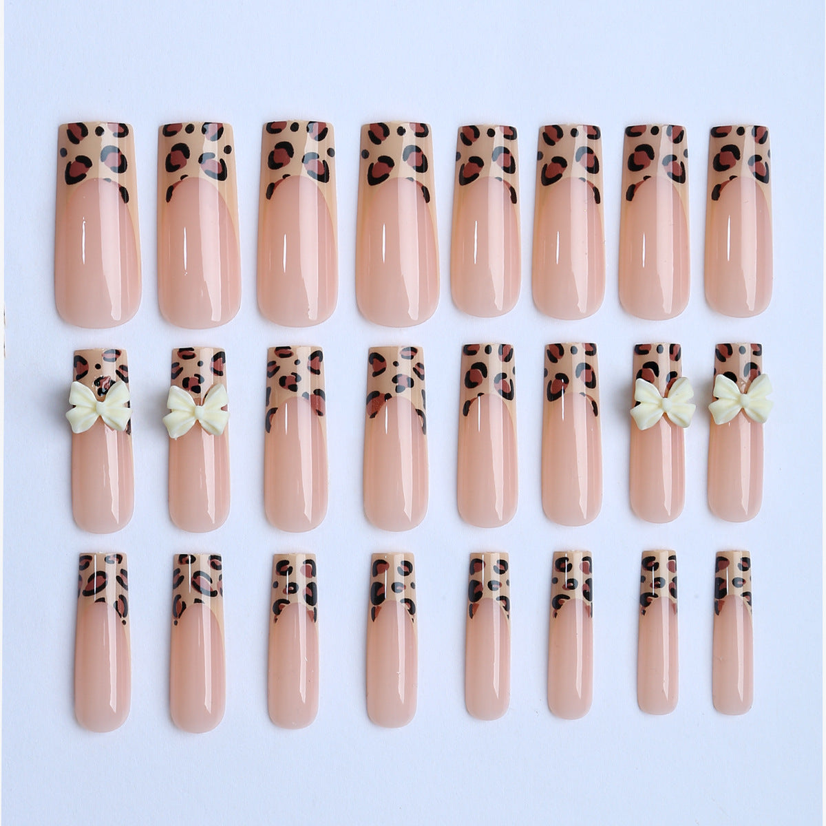 Long French Leopard Print Nail Tips with Bow