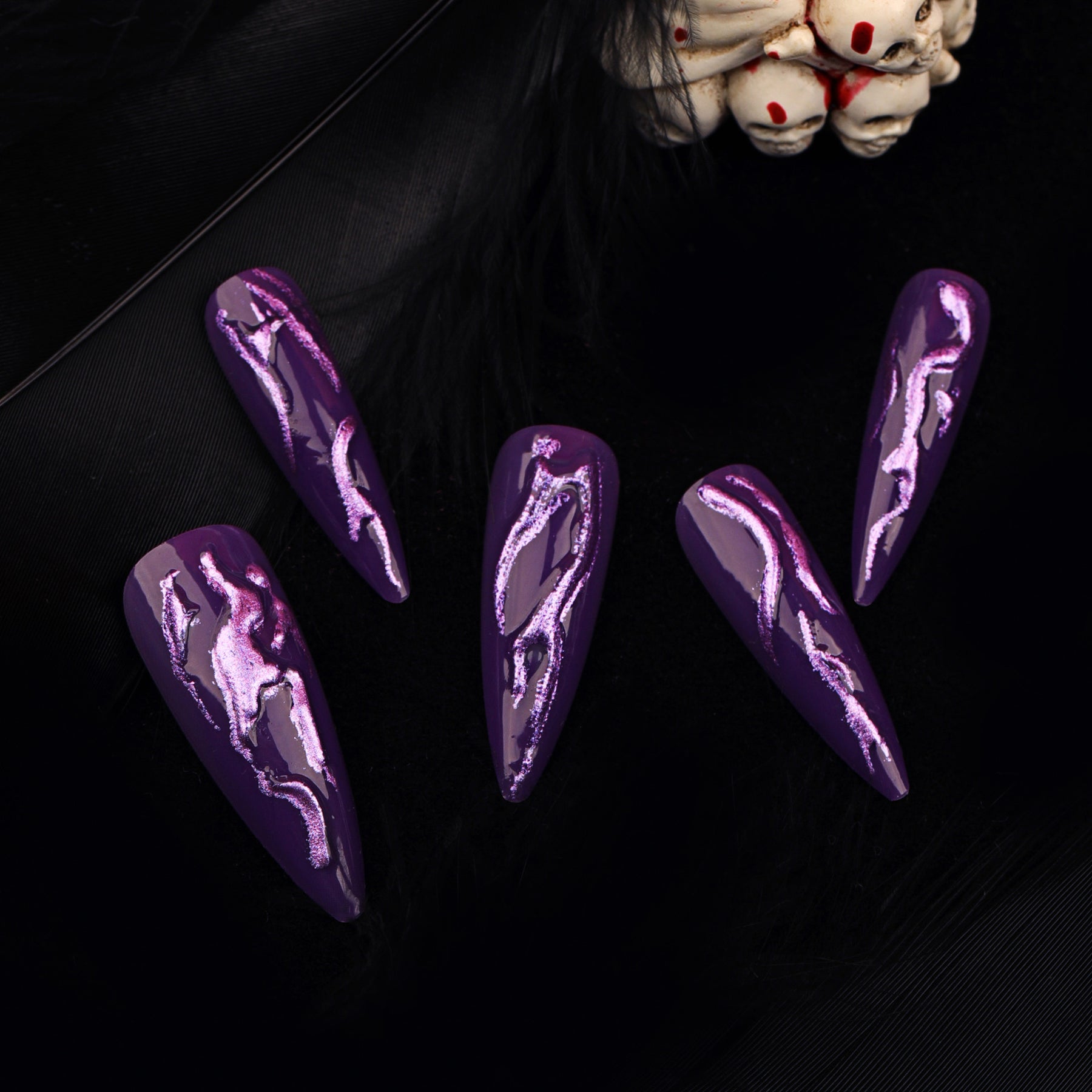 Purple Magic Mirror 3D Fall Nails for Halloween 2024