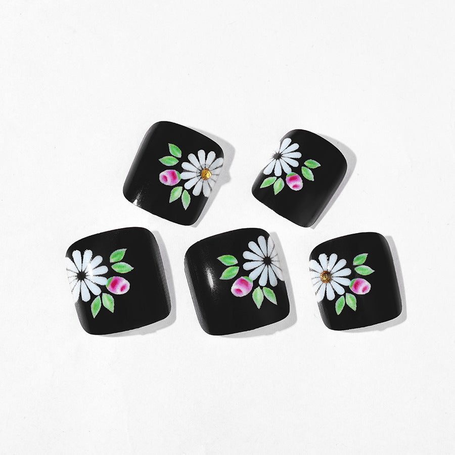 Short Black Vintage Flower Hand-Painted Toe Nails