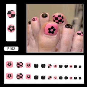 Checkerboard Flower Pink Black Toe Nail Stickers