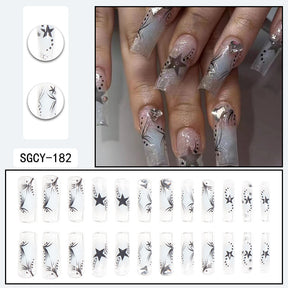 Blue Ombre Star Love Nail Extensions with Rhinestones