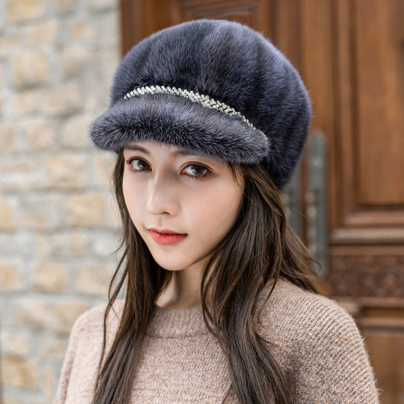 Winter Mink Fur Beret with Rhinestones - Stylish & Warm