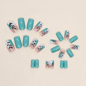 Summer Fresh Mid-Length Nails, Lake Blue with Leaf Design