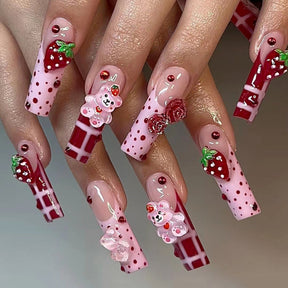 Cute Long Polka Dot Nail Tips with Strawberries, Bears, and Roses