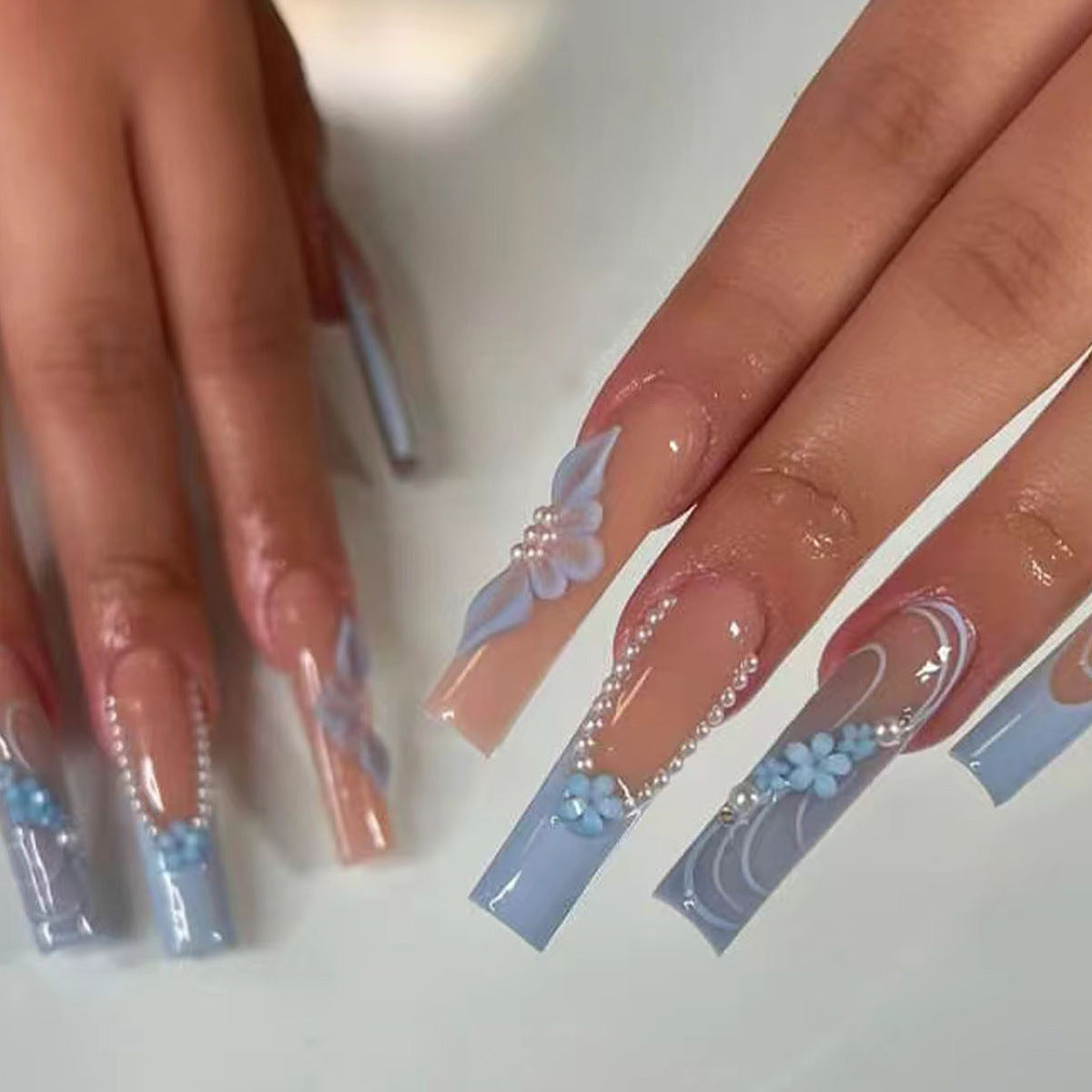 Blue French Minimalist White Line Flower Pearl Nail Extensions